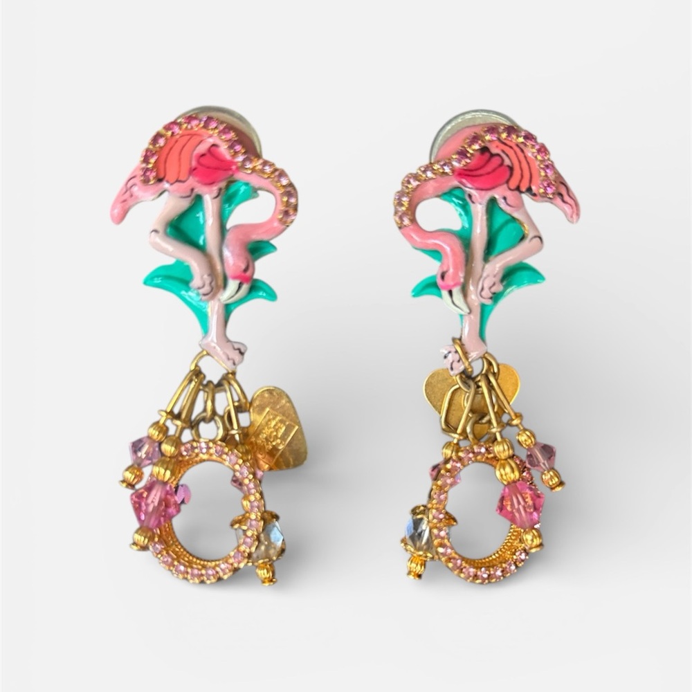Lunch at the Ritz Flamingo Earrings Pink & Green Rhinestone-Tropical